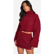 Women Suits boohoo Womens Petite High Neck Oversized Crop Knitted Jumper And Micro Mini Skirt Set - Red