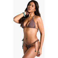 boohoo Womens Resin Stone Trim Triangle Bikini Top & Tie Side Bikini Bottoms Set - Brown