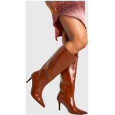 High Heel High Boots boohoo Womens Premium Leather Look Pointed Knee High Boots - Brown