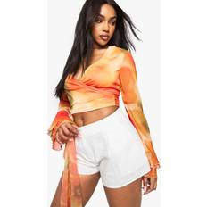 Orange Blouses boohoo Womens Abstract Chiffon Tie Front Flare Sleeve Blouse - Orange
