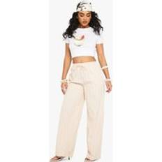 Joggers - Linen Trousers boohoo Womens Tonal Stripe Linen Look Relaxed Fit Wide Leg Trousers - Beige