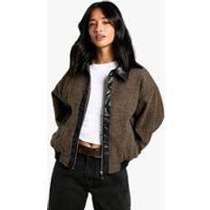 Bomber Jackets boohoo Womens Petite Pu Trim Wool Look Bomber Jacket - Brown