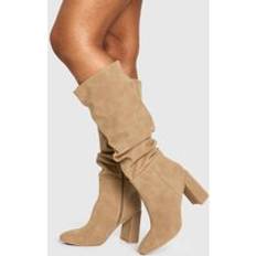 Beige High Boots boohoo Womens Ruched High Block Heeled Knee High Boots - Beige