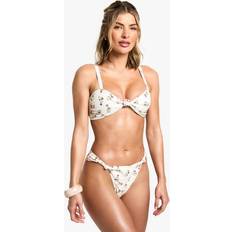Beige - Women Bikini Sets boohoo Womens Floral Print Knot Front Bikini Top & Tanga Bikini Bottoms Set - White