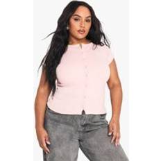 boohoo Womens Plus Rib Button Through Cap Sleeve Top - Pink