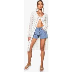 Women Cardigans boohoo Womens Crochet Frill Sleeve Maxi Cardigan - White