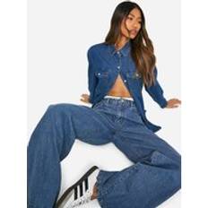 boohoo Womens Basics 30 Inch Leg High Waisted Wide Leg Jeans - Vintage Blue