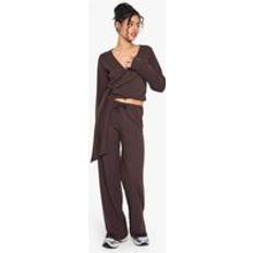 Boohoo Suits boohoo Womens Rib Wrap Over Tie Detail Top & Trouser Set - Brown
