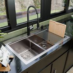 Full-Size Sinks Karran Fusion Top Mount 33-in x 22-in Stainless Steel Double Equal Bowl Workstation Kitchen Sink WSTMDB3323-PK1