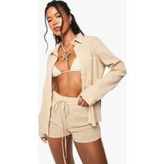 Cotton - Women Swimwear boohoo Womens Crinkle Cotton Beach Shirt - Beige