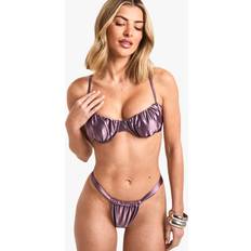 Purple - Women Bikinis boohoo Womens Satin Ruched Underwired Bikini Top and Tanga Bikini Bottoms Set - Purple
