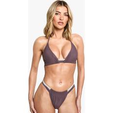 Brown Bikini Sets boohoo Womens Multicoloured Contrast Strap Ruched Triangle Bikini Top & Tanga Bikini Bottoms Set - Brown