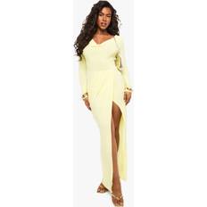 Long Dresses - Yellow boohoo Womens Slinky Long Sleeve Wrap Maxi Dress - Yellow