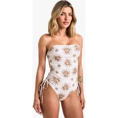 Beige - Women Swimsuits boohoo Womens Celestial Print Ruched Bandeau Swimsuit - Beige