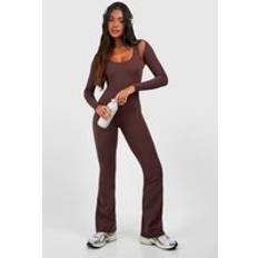 Brown Jumpsuits & Overalls boohoo Womens Premium Sculpt Scoop Neck Flared Legging Unitard Jumpsuit - Brown