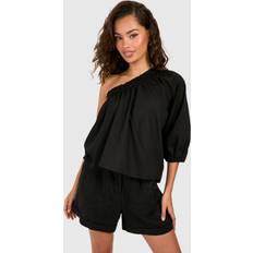 Boohoo Blouses boohoo Womens Puff Sleeve One Shoulder Cotton Poplin Top - Black