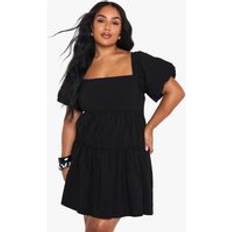 boohoo Womens Plus Extreme Puff Sleeve Tiered Smock Dress - Black