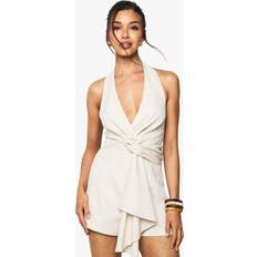 Beige - Women Jumpsuits & Overalls boohoo Womens Linen Look Twist Neck Halterneck Playsuit - Beige