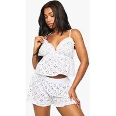 Solid Colours Pyjamas boohoo Womens Broderie Anglaise Ruffle Detail Cami Top & Shorts Pyjama Set - White