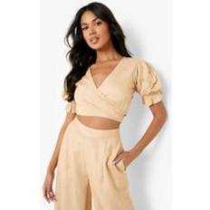 boohoo Womens Linen Look Wrap Crop Top - Beige