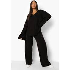 Women Suits boohoo Womens Plus Knitted V Neck Side Split Trouser Set - Black