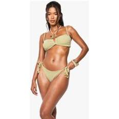 Stripes Bikinis boohoo Womens Textured Stripe U-Bend Triangle Bikini Top & Tie Side Bikini Bottoms Set - Green