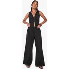 Women Trousers boohoo Womens Drawstring Waist Poplin Wide Leg Trousers - Black