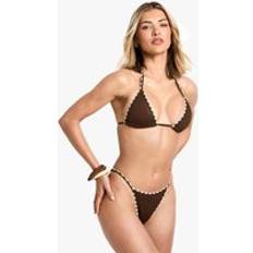 Brown Bikini Sets boohoo Womens Seersucker Contrast Stitch Detail Triangle Bikini Top & Tanga Bikini Bottoms Set - Brown