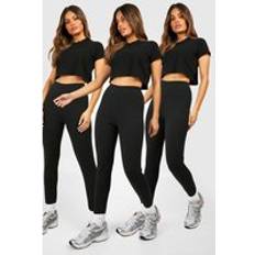 Boohoo Women Tights & Stay-Ups boohoo Womens Cotton 3 Pack Black High Waisted Leggings - Black