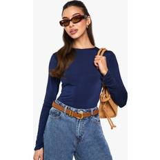 Natural Shapewear & Under Garments boohoo Womens Double Layer Slinky Long Sleeve Crew Neck Bodysuit - Navy