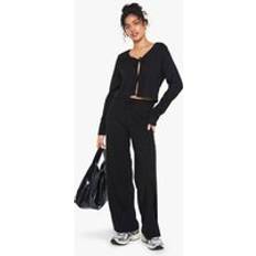Women Suits boohoo Womens Rib Tie Front Long Sleeve Top And Drawstring Straght Leg Trouser Set - Black