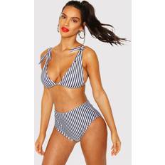 Blue Bikini Sets boohoo Womens Nautical Tie Shoulder High Waist Bikini Set - Navy