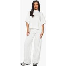 Women Suits boohoo Womens Rib Oversized Short Sleeve Top & Wide Leg Trouser Set - White
