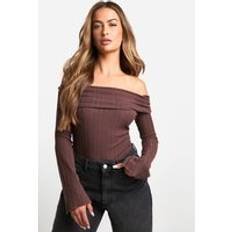 Leopard Bodysuits boohoo Womens Rib Bardot Long Sleeve Bodysuit - Brown