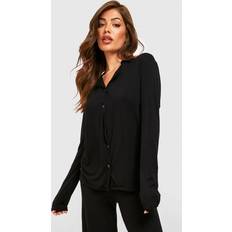 Boohoo Sleepwear boohoo Womens Jersey Long Sleeve Button Up Pyjama Shirt - Black