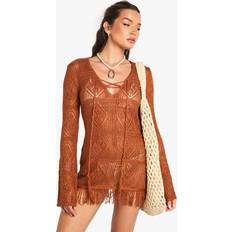 Orange - Women Swimsuit Cover-Ups & Sarong Wraps boohoo Womens Tassel Crochet Beach Tunic - Orange