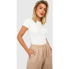 Bodysuits on sale boohoo Womens Double Layer Slinky Short Sleeve Bodysuit - Cream