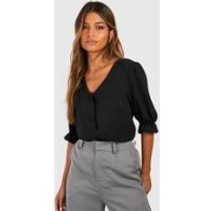Black Blouses boohoo Womens Hammered Puff Sleeve Button Front Blouse - Black