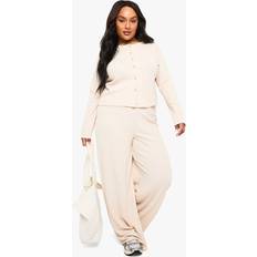 boohoo Womens Plus Rib Cardigan And Wide Leg Trouser - Cream