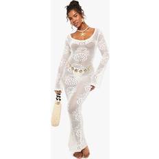 boohoo Womens Long Sleeve Crochet Beach Dress - White