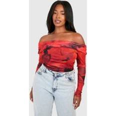 Florals Bodysuits boohoo Womens Plus Bardot Floral Long Sleeve Bodysuit - Multi