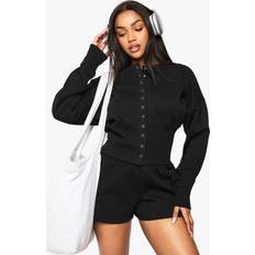 boohoo Womens Deep Hem Popper Bomber Short Tracksuit - Black