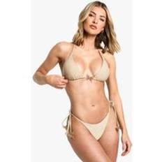 Beige - Women Bikini Sets boohoo Womens Butterfly Trim Triangle Bikini Top & Tie Side Bikini Bottoms Set - Beige