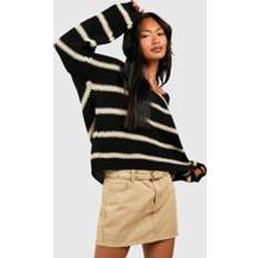 V-Neck Jumpers boohoo Womens Chunky Oversized Stripe V Neck Jumper - Black