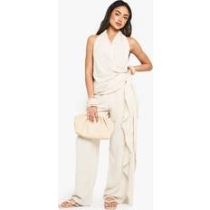 Natural Jumpsuits & Overalls boohoo Womens Linen Look Drape Cowl Wrap Jumpsuit - Beige