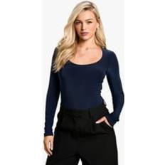 Natural Shapewear & Under Garments boohoo Womens Double Layer Slinky Scoop Neck Long Sleeve Bodysuit - Navy