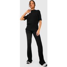 boohoo Womens Rib Knitted Tunic And Wide Leg Trouser Set - Black