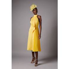 Coast Halter Pleated Asymmetric Hem Midi Dress - Yellow