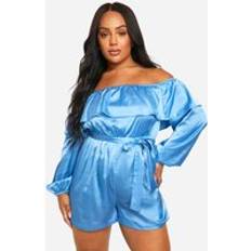 Satin Jumpsuits & Overalls boohoo Womens Plus Satin Frill Bardot Playsuit - Blue