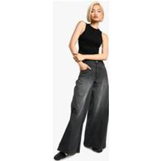 boohoo Womens Seam Detail Washed Wide Leg Denim Jean - Black